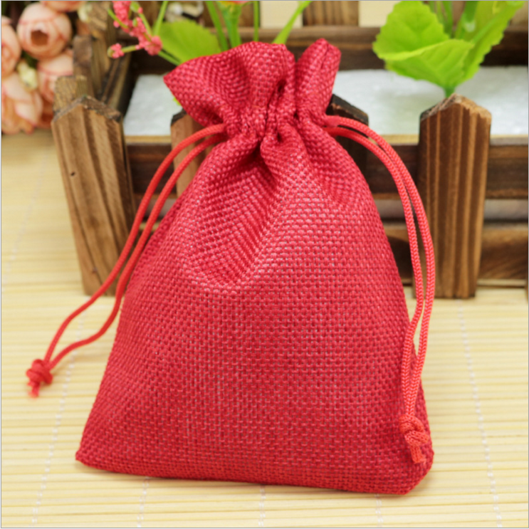 Small jute fabric bag pouch for coffee with ribbon drawstring