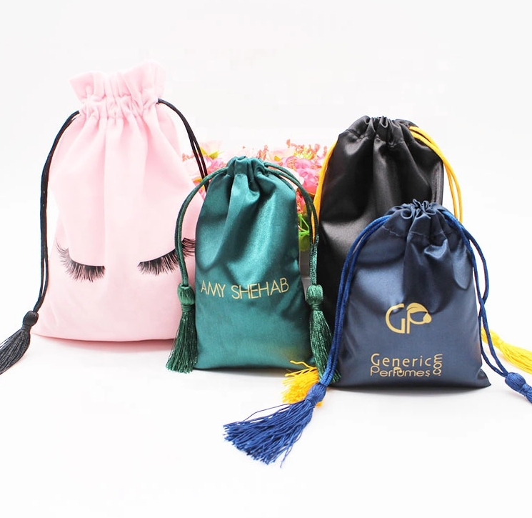 Custom Luxury Black Thick Silk Satin Drawstring Bundle Dust Hair Extension Bag with Logo Printing