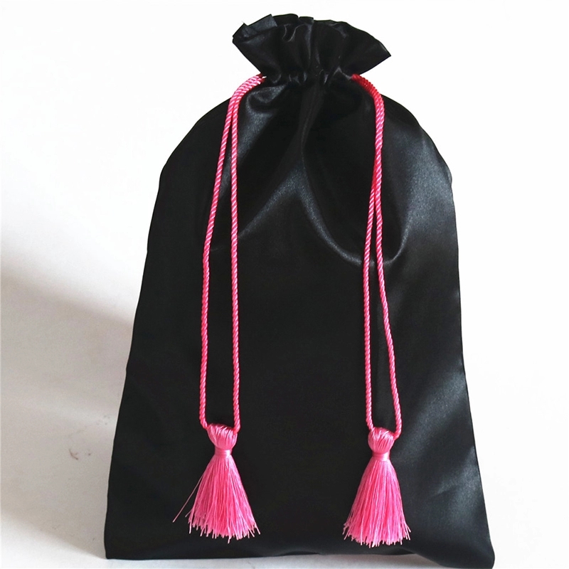 New Trending Black Large Shoe Dust Bags Manufactory, Deluxe Silk Satin Drawstring Bag with Customized Logo