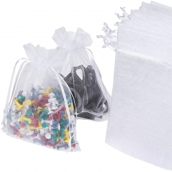 Custom white silk organza drawstring pouch gift bags with ribbon