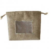 Custom logo square bottom linen drawstring pouches with organza window