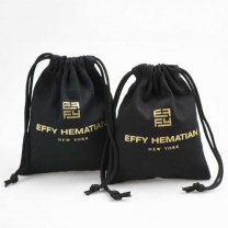 Wholesale recycled black cotton bag with foil logo drawstring pouch