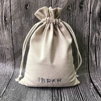 Mini size black cotton muslin drawstring bag with embroidery logo